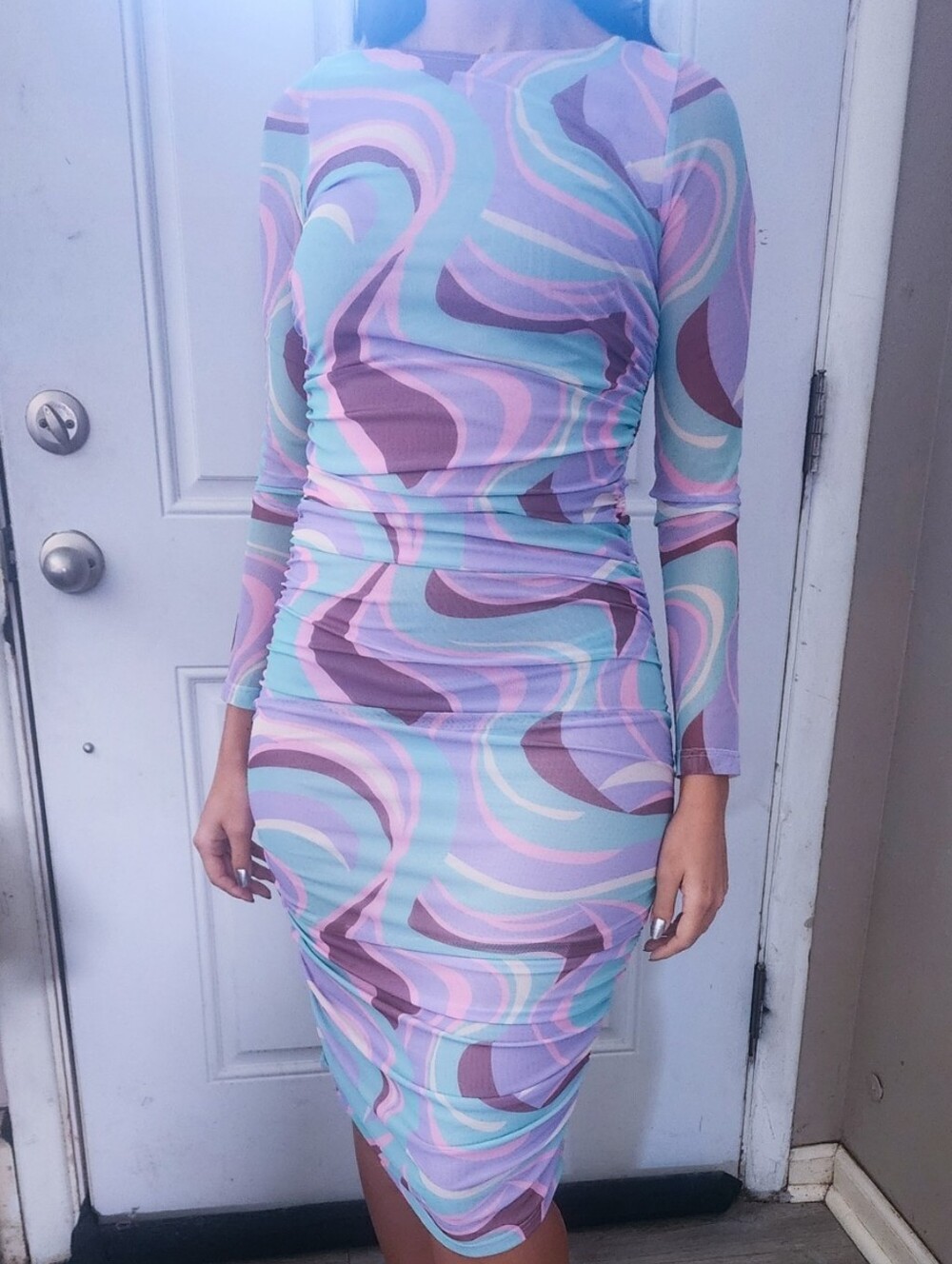Lucy Paris Genesis Mesh Bodycon Long Sleeve Swirl Print Midi Dress in Pastel NWT